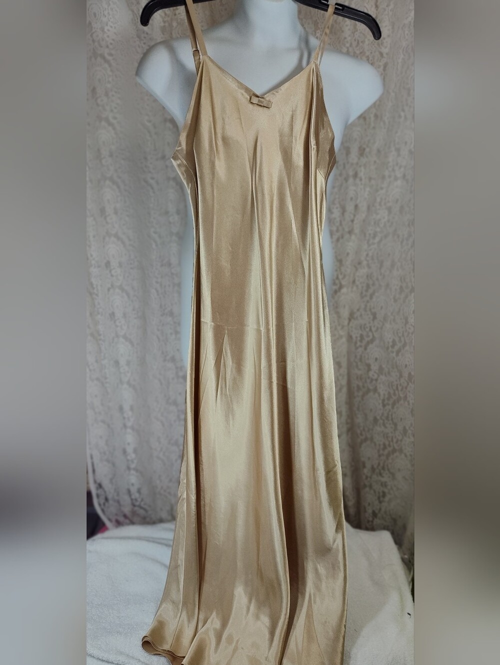 Talbots Long Luxurious Gold Satin Nightgown with Spaghetti Straps